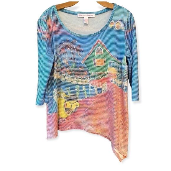 leoma lovegrove Tops - Leoma Lovegrove Sz S Blue Summer Key West House & Scooter Scoop Neck Tunic